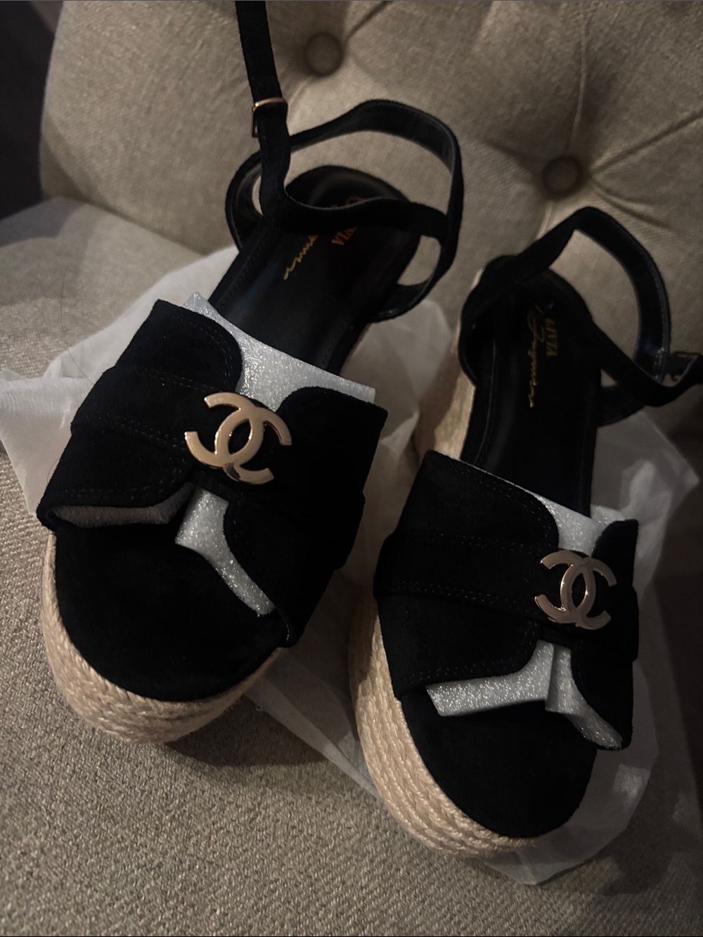 Black Suede Espadrille Wedge Sandals with Gold Logo Accent